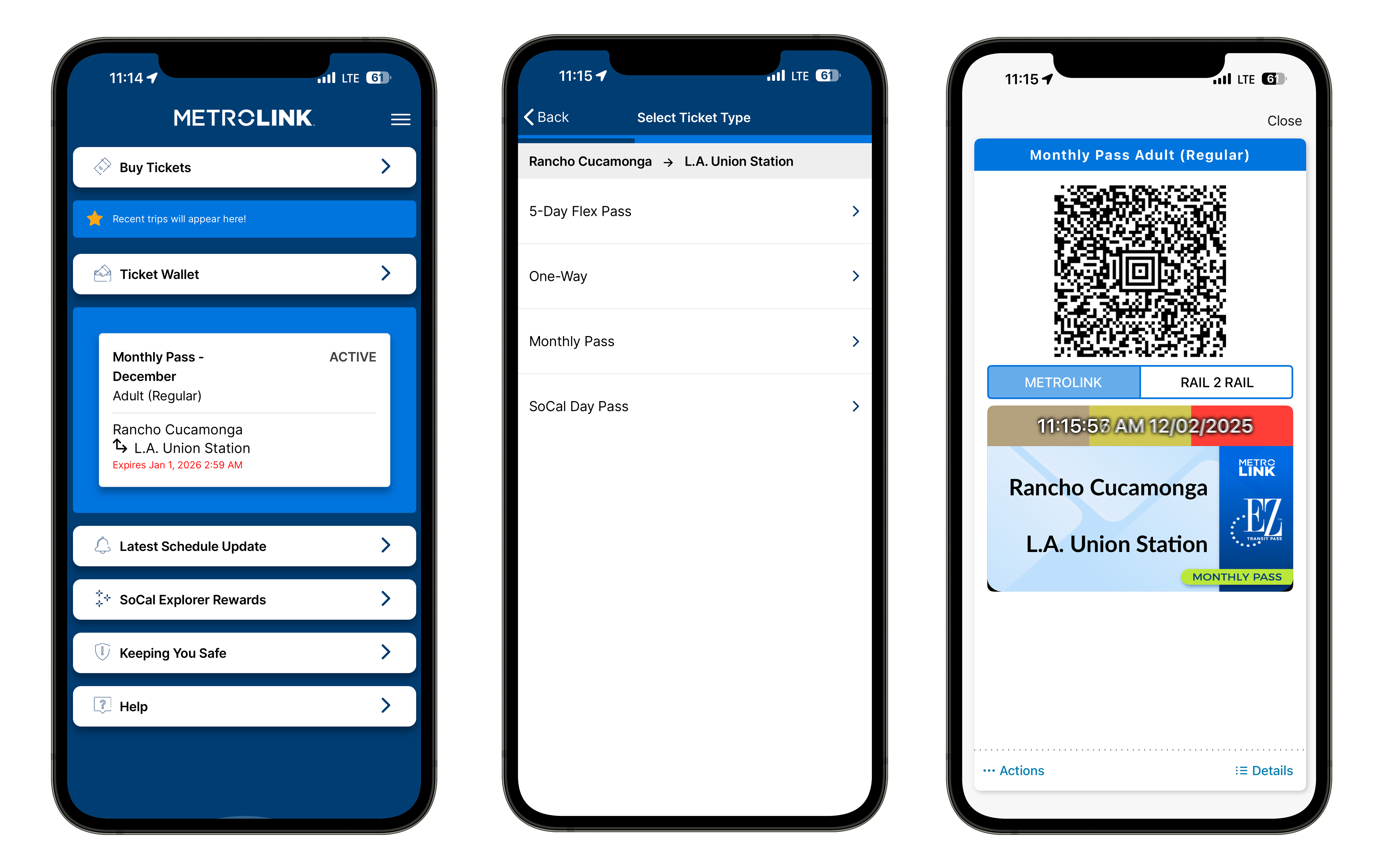 Three different Metrolink mobile app screens.